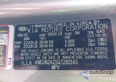 2016 Kia Soul из США, поврежденный, VIN KNDJN2A25G7283143